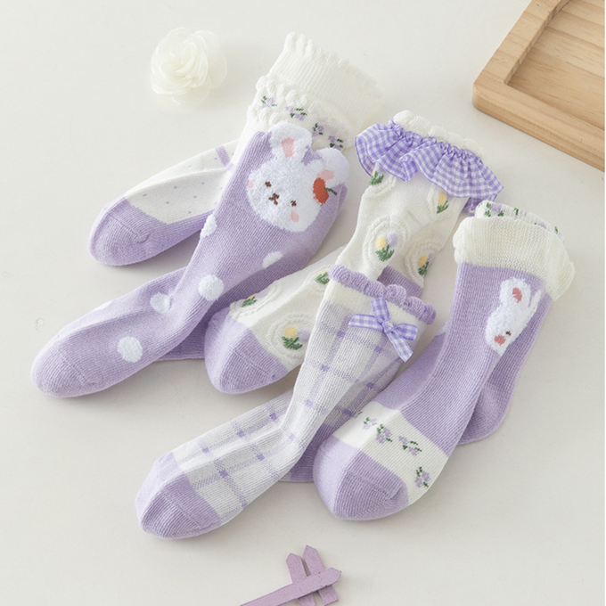love, charlotte - 秋冬款淺紫色小兔子荷葉花邊中筒襪-5 雙一組