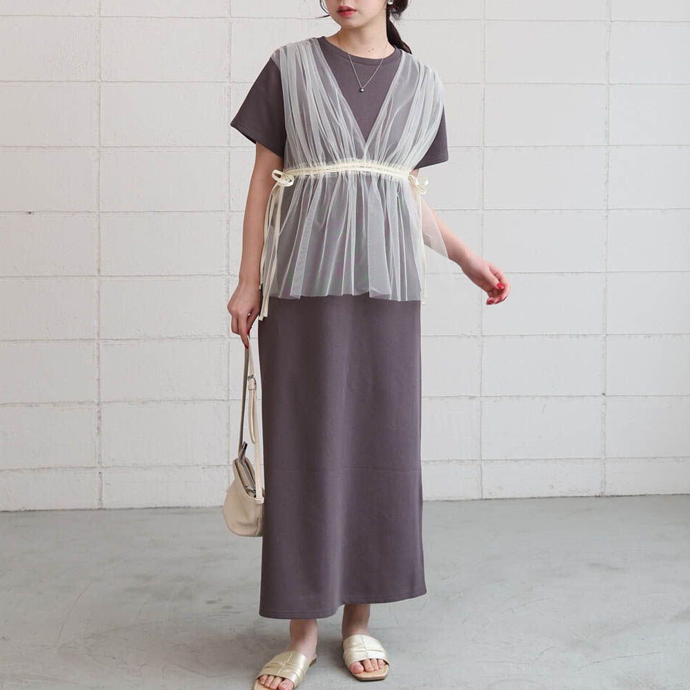 層次設計感薄紗拼接短袖洋裝-炭灰