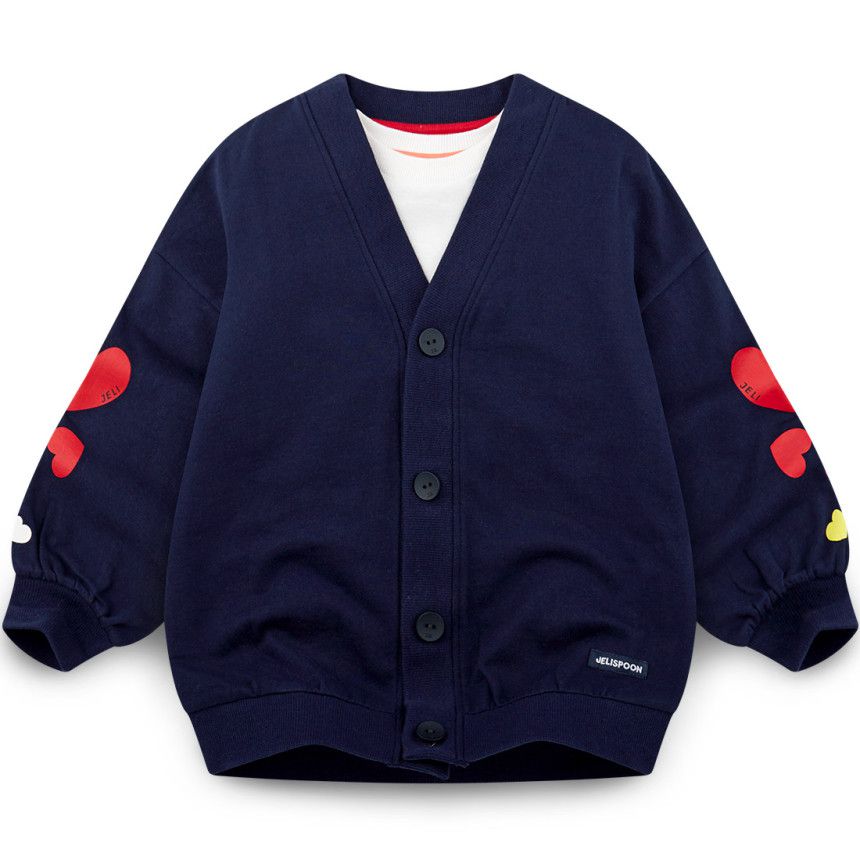 韓國 Jelispoon - 紅色愛心單排釦小外套-深藍