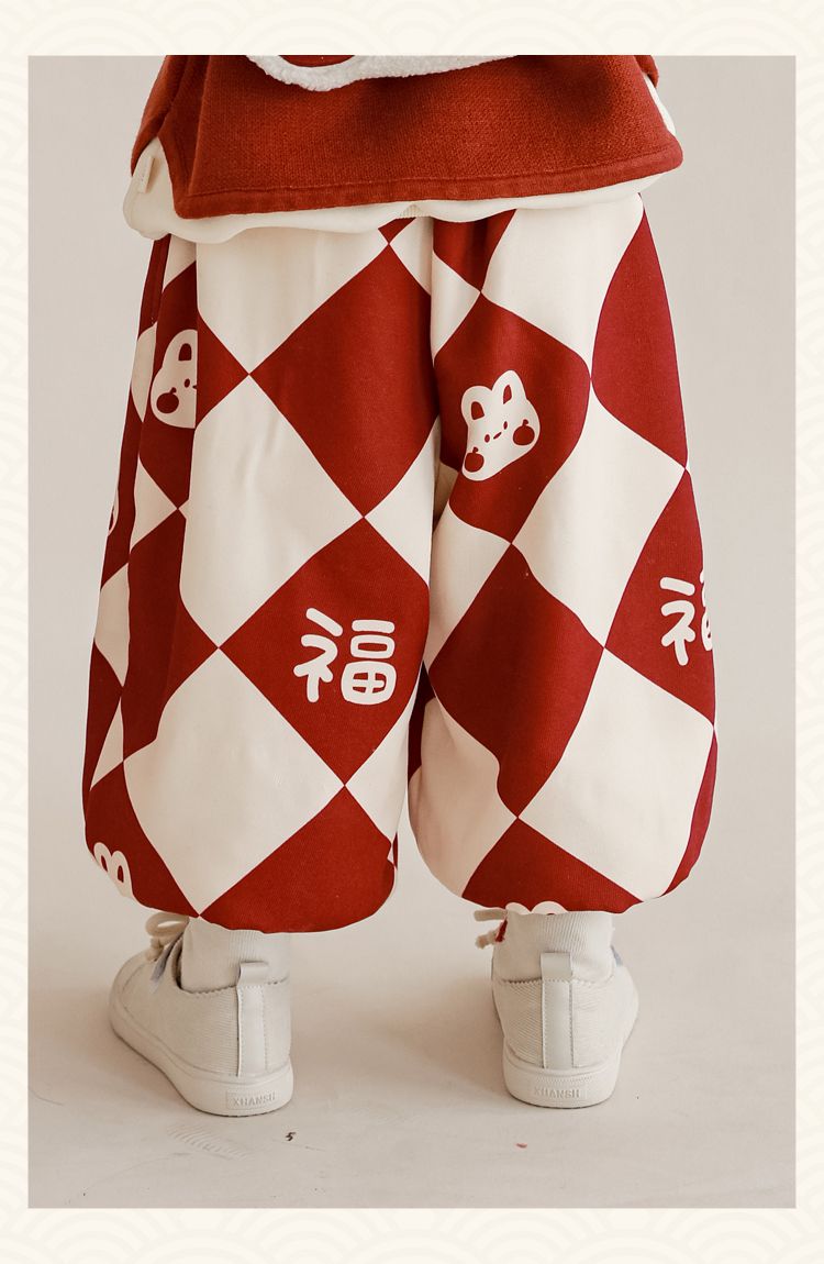 TONGMO - (加絨)喜氣腰鬆緊束口長褲-菱紋福氣兔兔-紅+杏