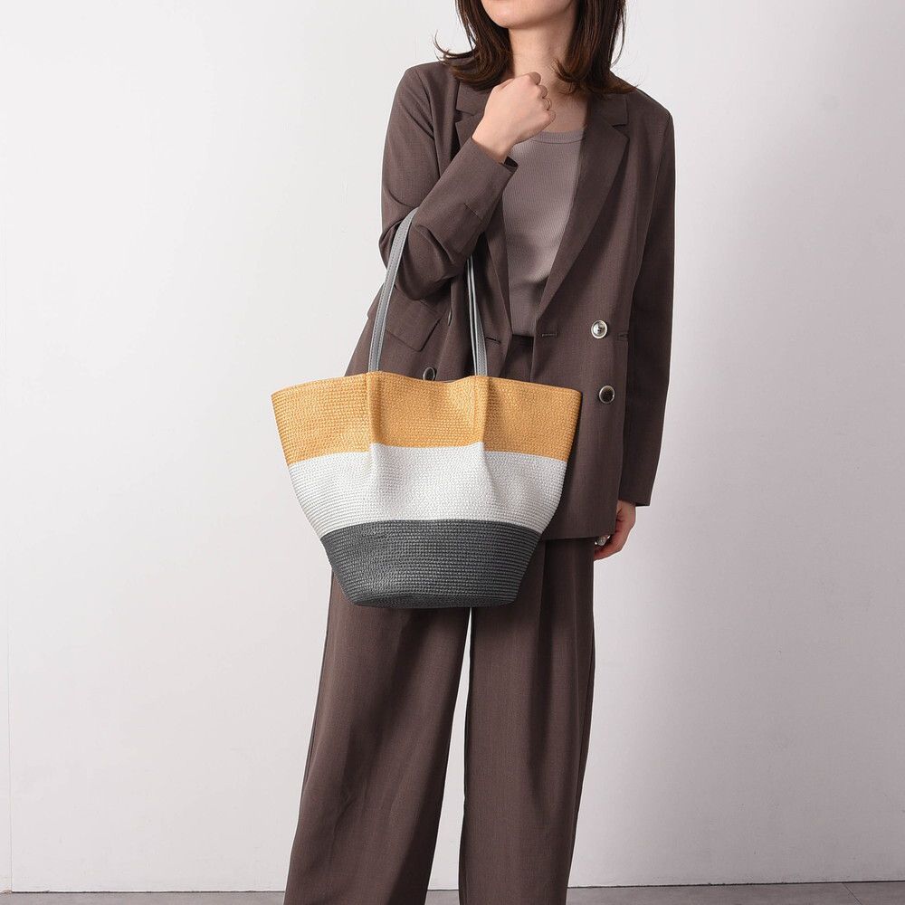 日本 COOCO - 三配色大容量托特手提包-灰米咖 (21x30x15cm)