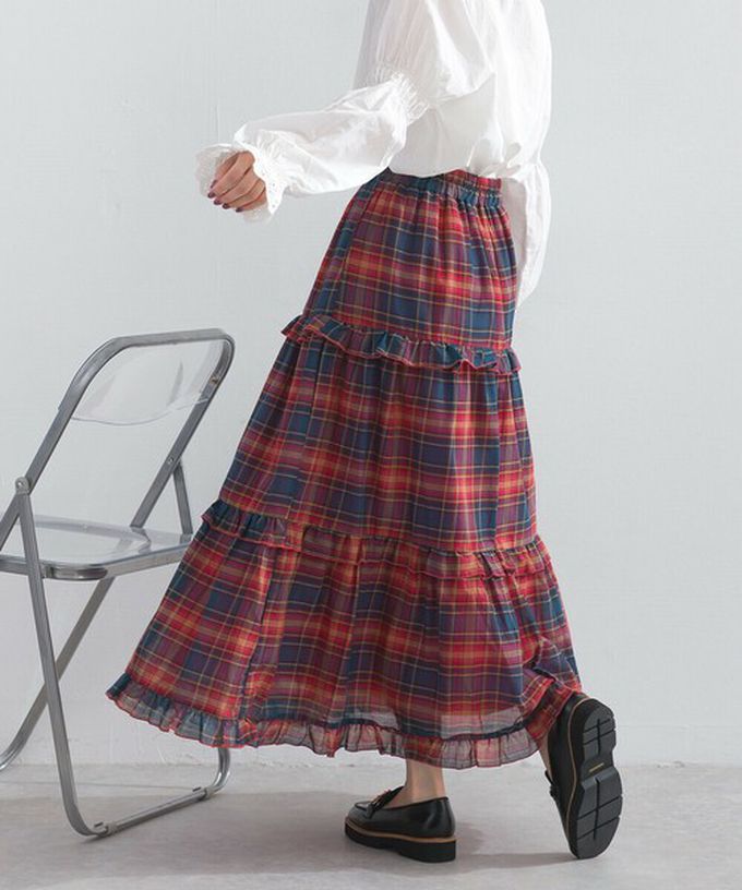 日本 Lupilien - 精緻格紋輕盈感分層俏麗長裙-黃綠