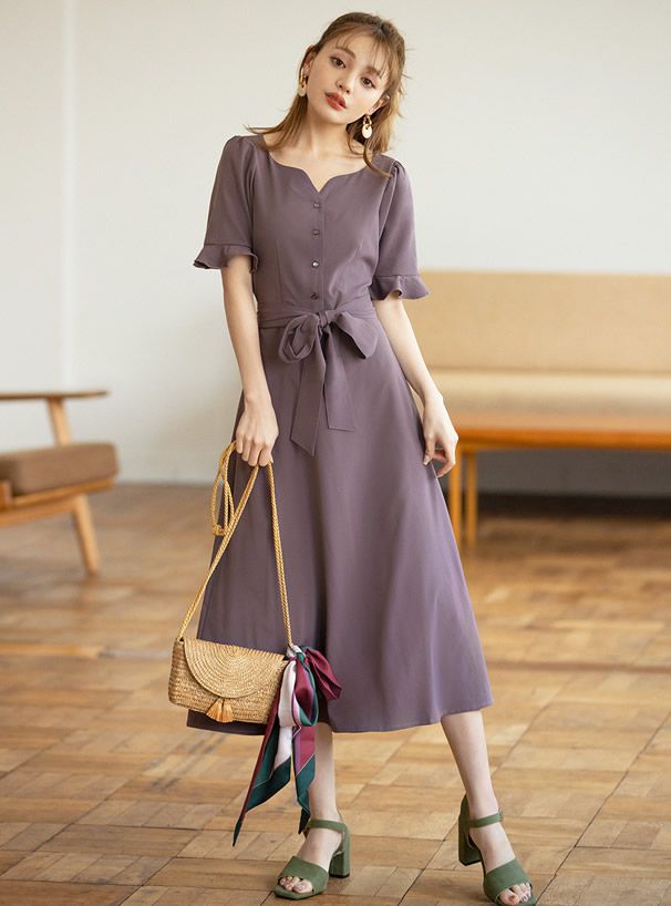 日本 GRL - 美背露腰蝴蝶結綁帶短袖洋裝-星塵藍