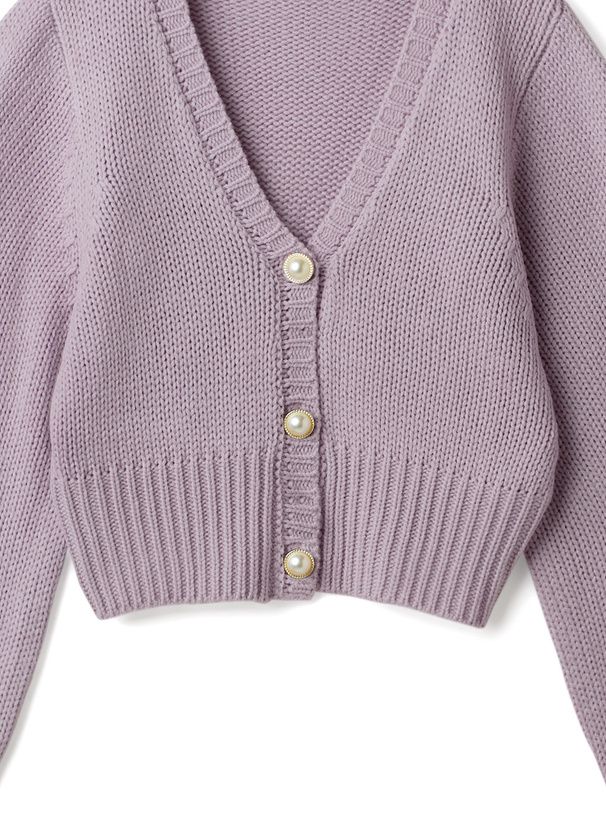 日本 GRL - V領珍珠釦泡泡袖針織外套-淺粉紫 (F)