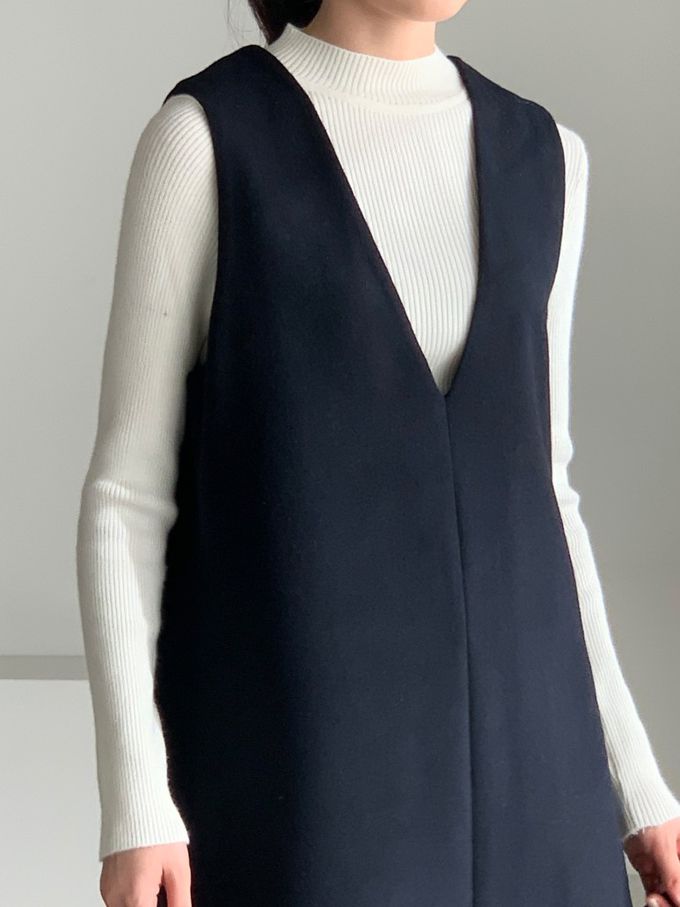 韓國女裝連線 - 簡約V字混羊毛側開連身洋裝-深藍 (FREE)