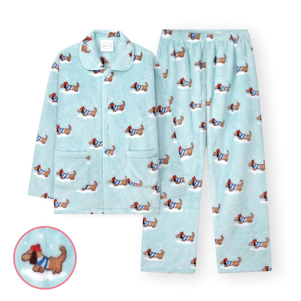 (爸爸)蓬鬆柔軟天鵝絨保暖長袖睡衣套裝-狗狗-天藍