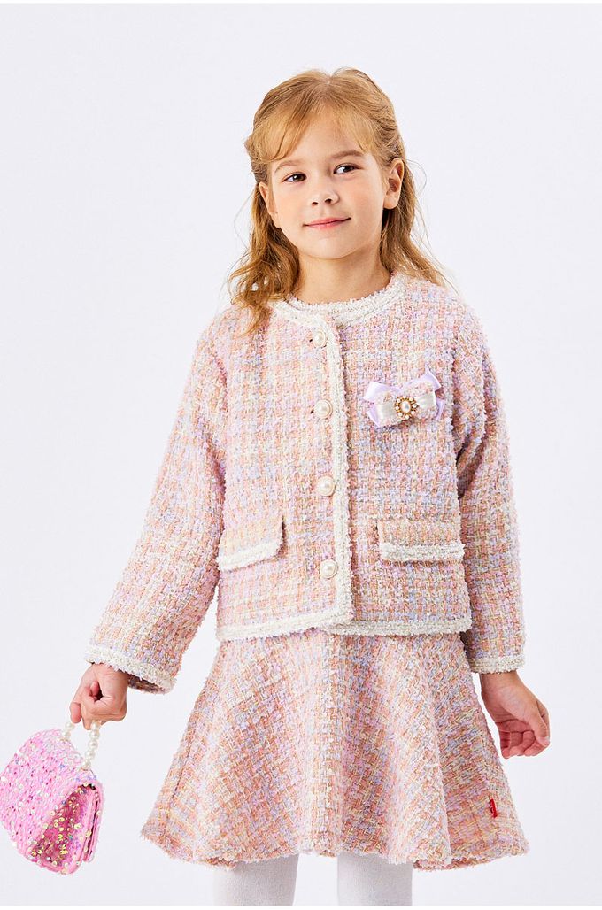 韓國 OZKIZ - 小香風珠扣無領編織外套-粉紫