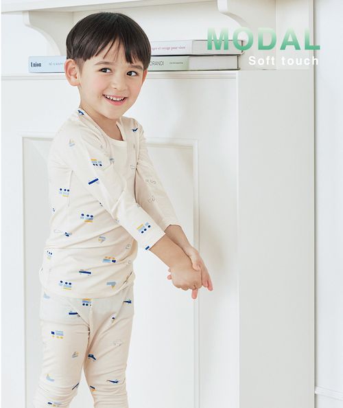 天絲莫代爾透氣長袖家居服-小交通工具-米