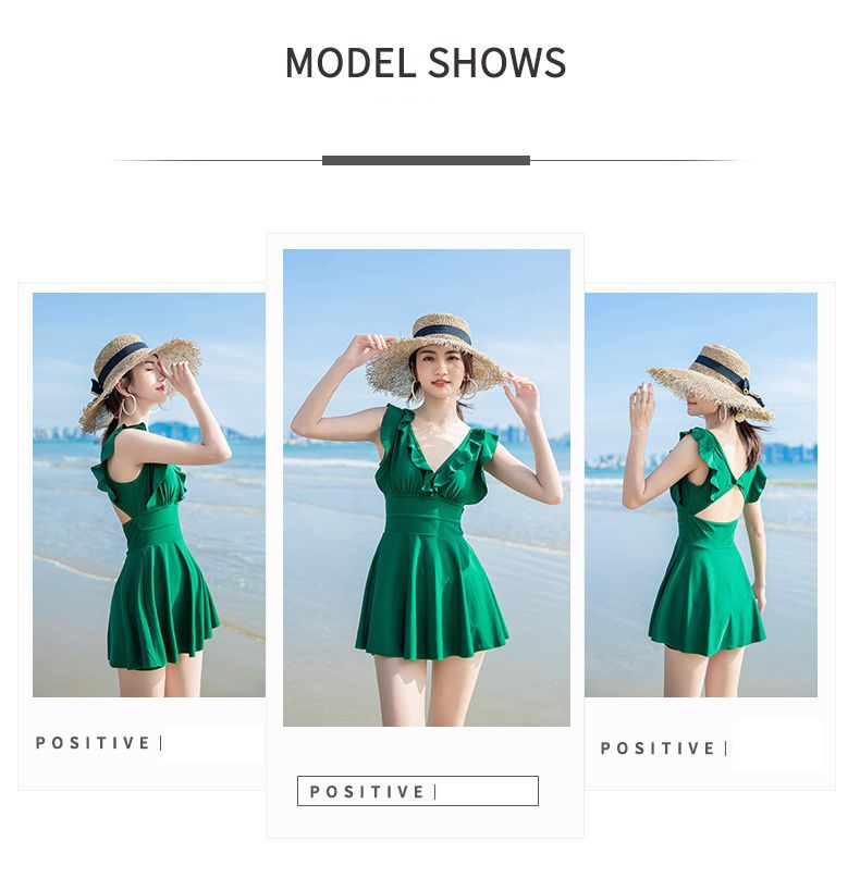 荷葉V領露背連身裙泳衣-綠色