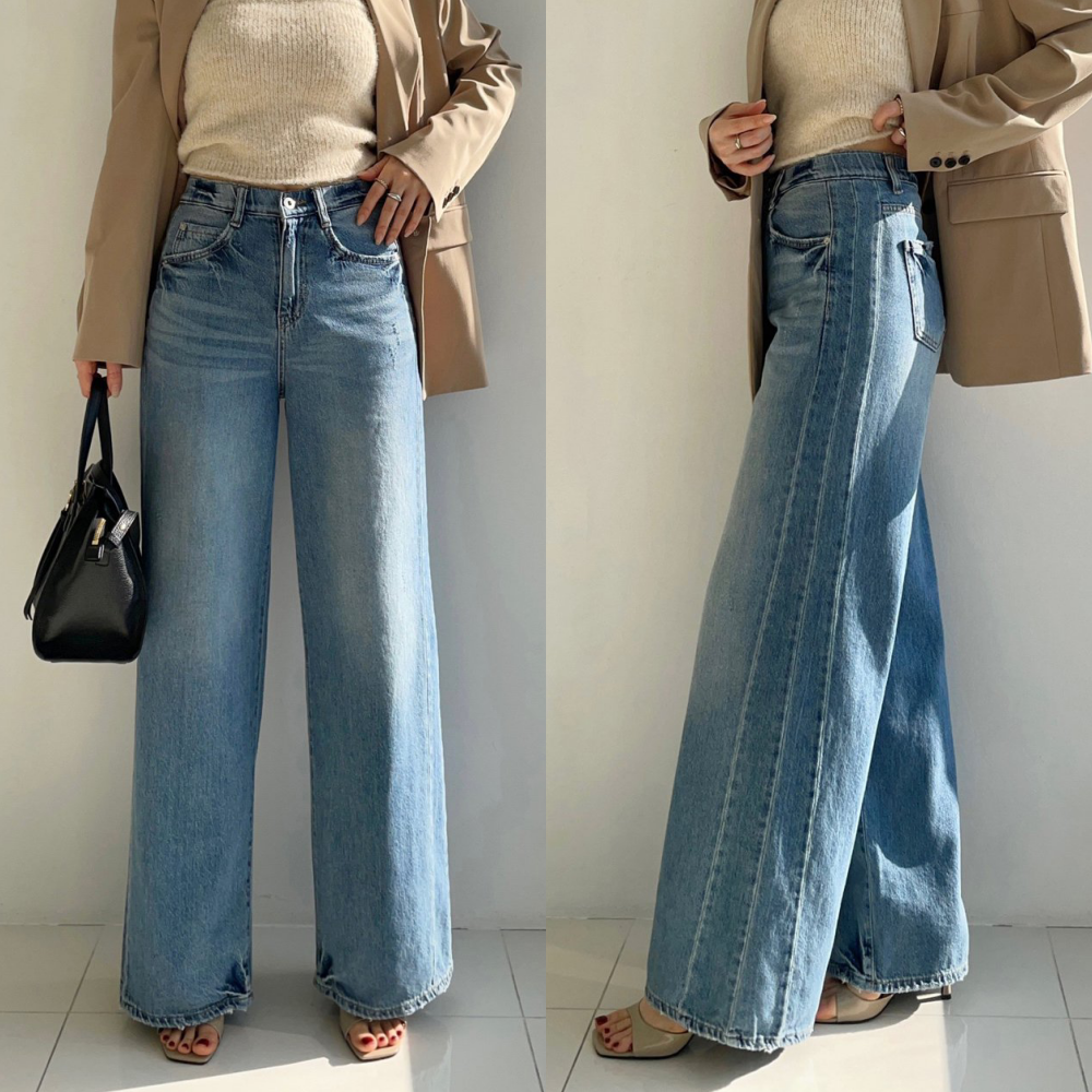 Howluk 後鬆緊腰天絲輕柔拼接寬褲-淺藍