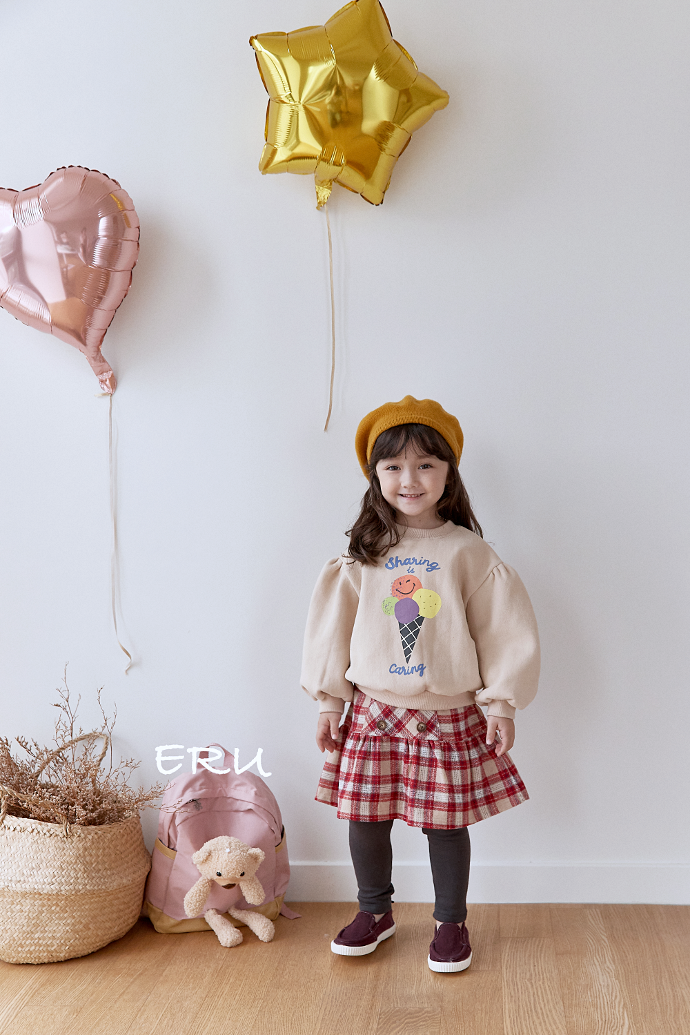 韓國 ERU - 裝飾鈕釦格紋褲裙-紅