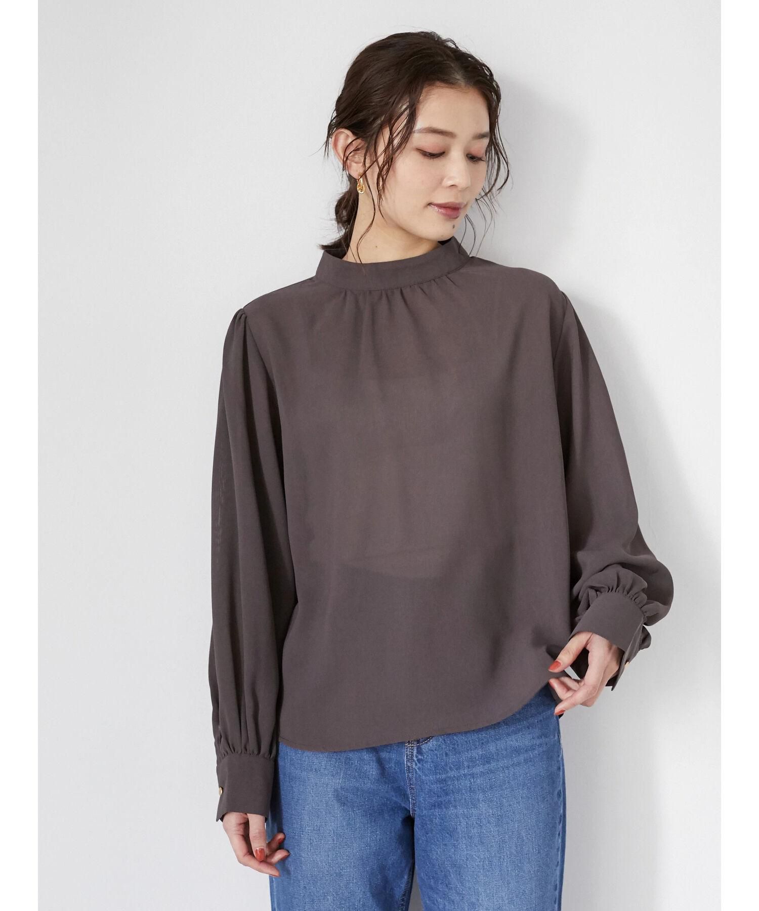 日本 ELENCARE DUE - 修身澎袖立領雪紡上衣-深咖啡
