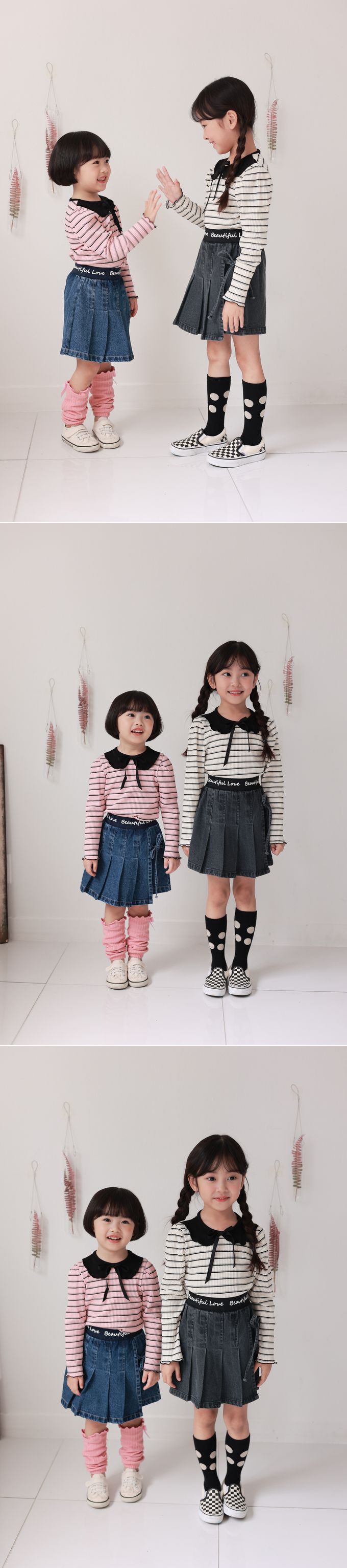 韓國 Dalla - 荷葉裝飾領橫紋彈性長袖上衣-粉X黑