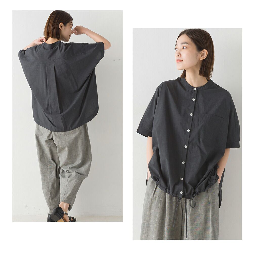 日本 OMNES - 下擺抽繩落肩短袖襯衫-簡約白