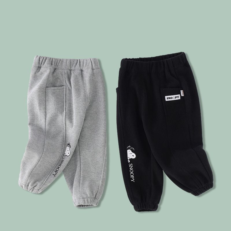 卡通人物史努比腰鬆緊束口運動褲-偷看的SNOOPY-黑色