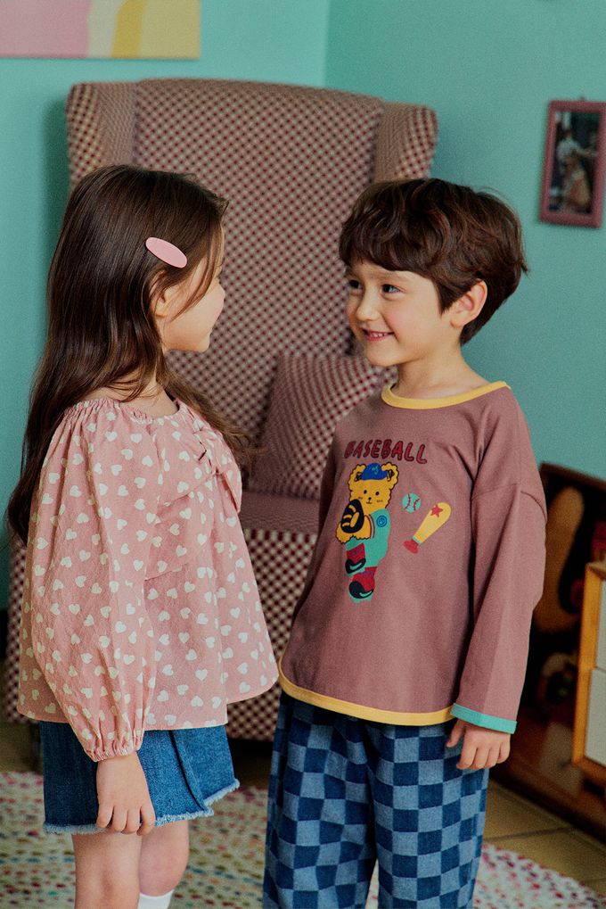 韓國 First Blue - 鬆緊腰棋盤格紋丹寧長褲