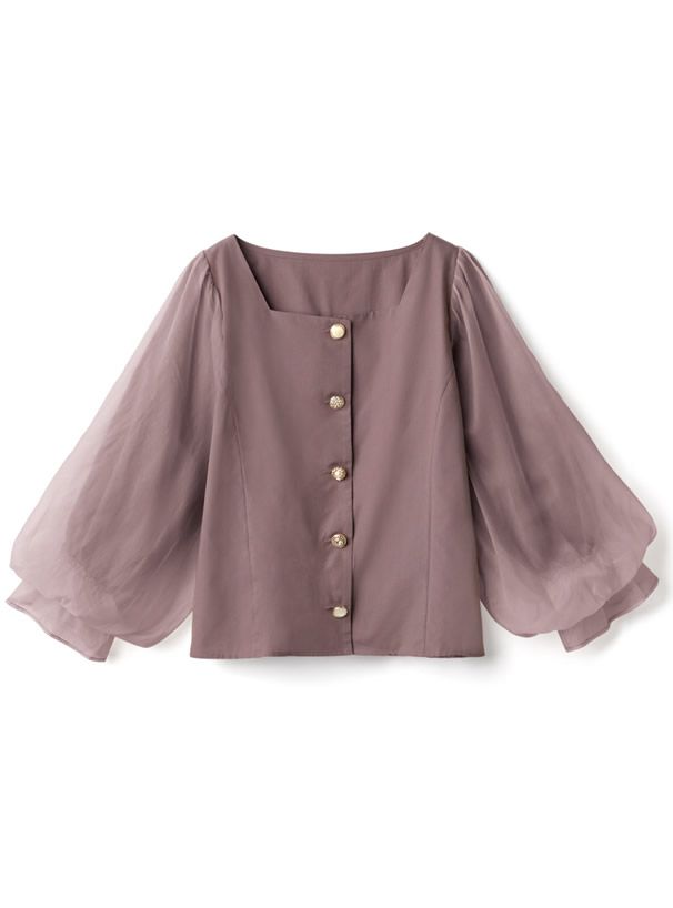 日本 GRL - 方領排釦薄紗澎澎袖上衣-時尚黑