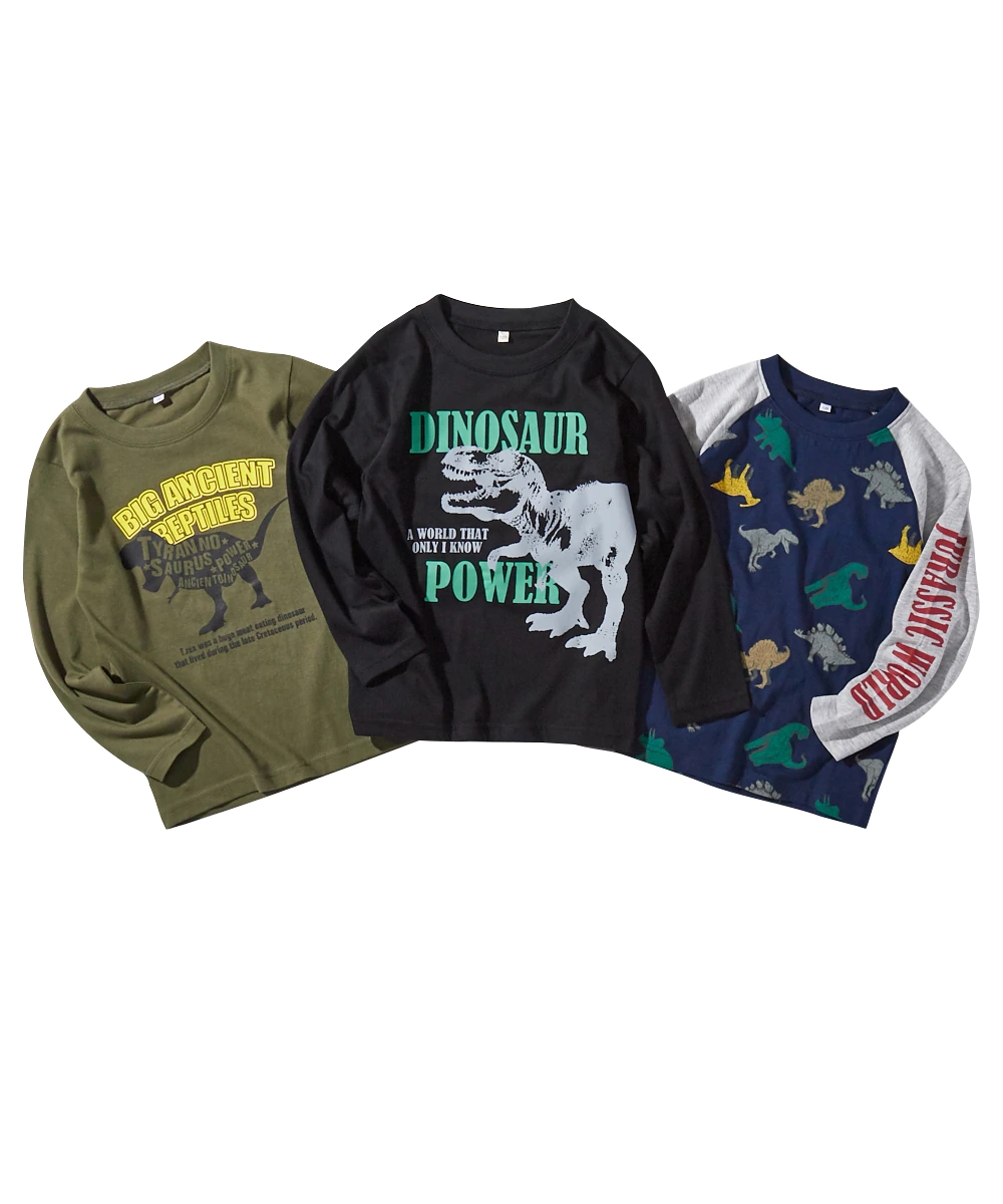 日本 Nissen - 純棉印花長T 超值三件組-恐龍-藍灰/深灰/燕麥