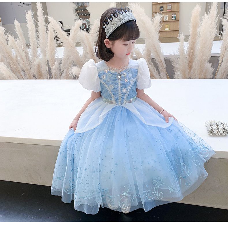 灰姑娘公主袖網紗洋裝-溫柔藍