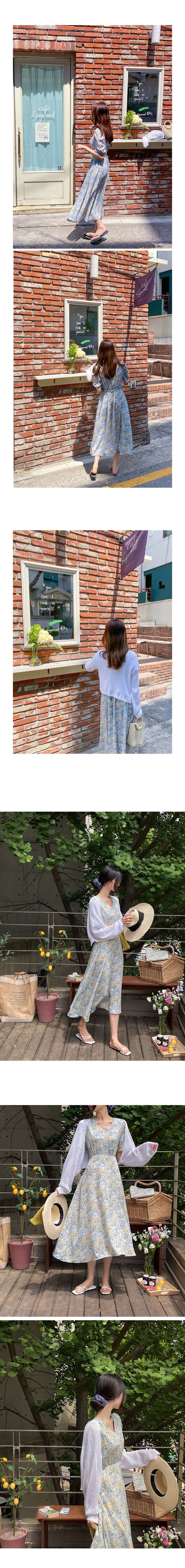 韓國女裝代購 - 水彩花印V領縮腰連身洋裝-藍 (FREE)