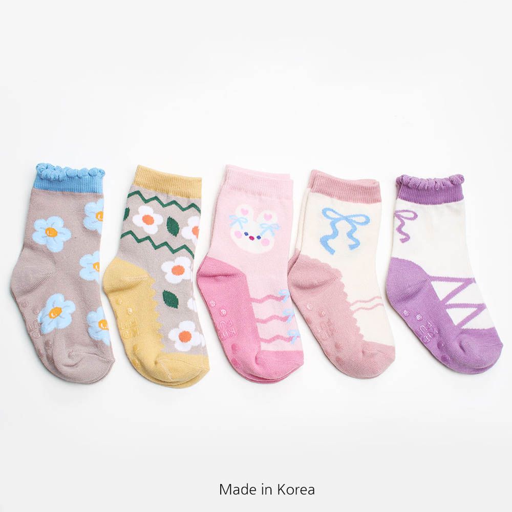 (五入組)韓製兒童中筒襪-蝴蝶結兔子X花朵