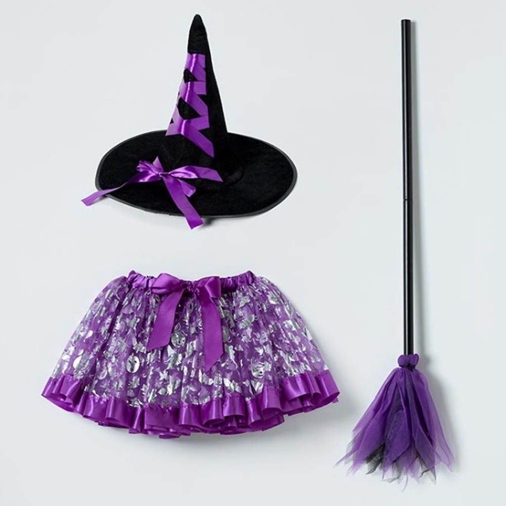 鬆緊腰萬聖節圖案網紗蓬蓬裙(附尖帽/掃把)-紫 (Free)