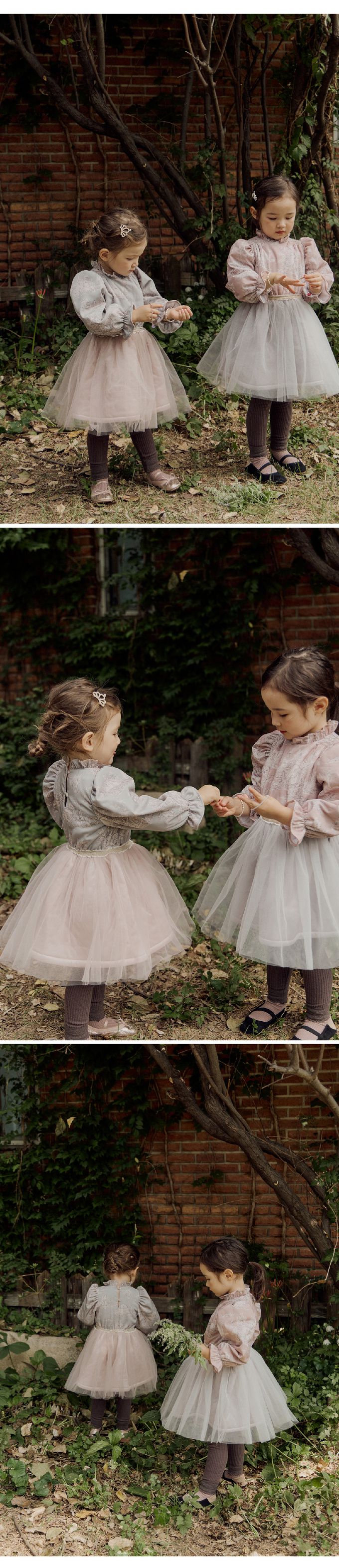 韓國 Puellaflo - 古典印花拼接蕾絲蓬蓬裙洋裝-鐵灰