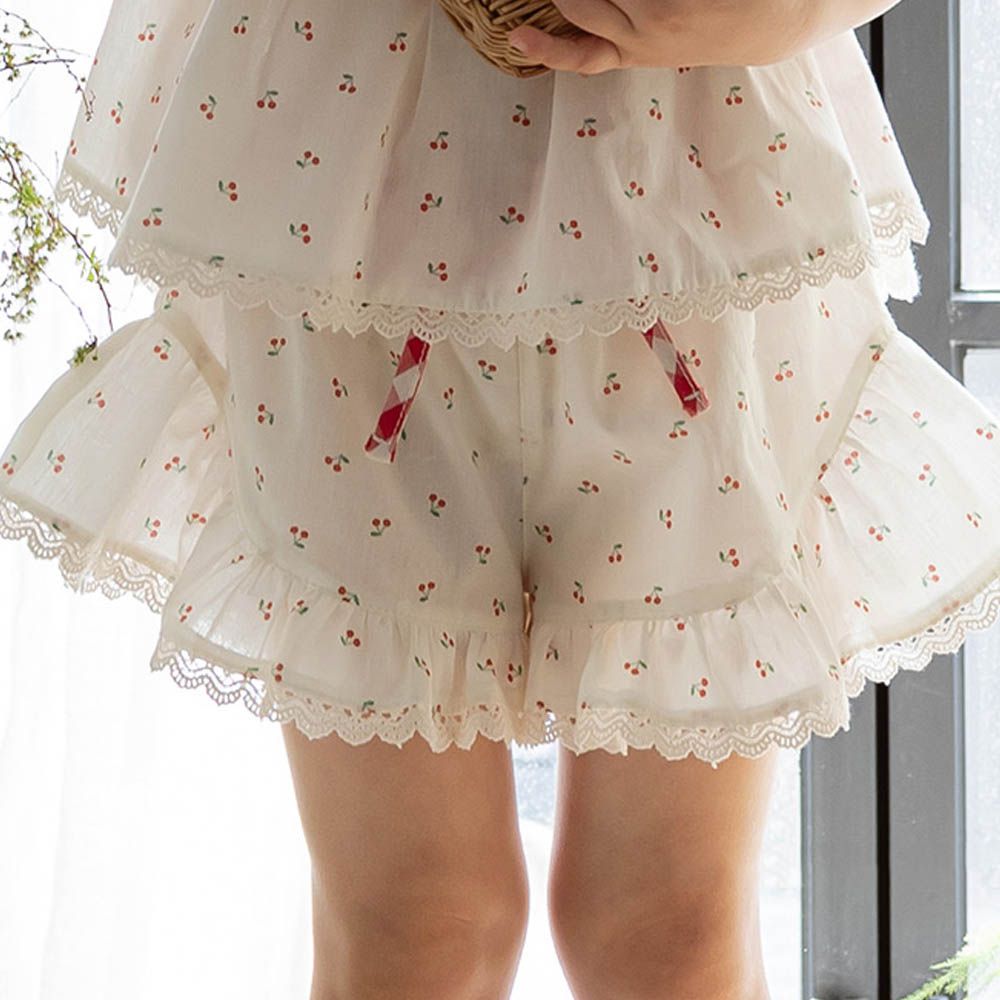 鬆緊腰甜心格紋拼接短褲-小櫻桃-白X紅