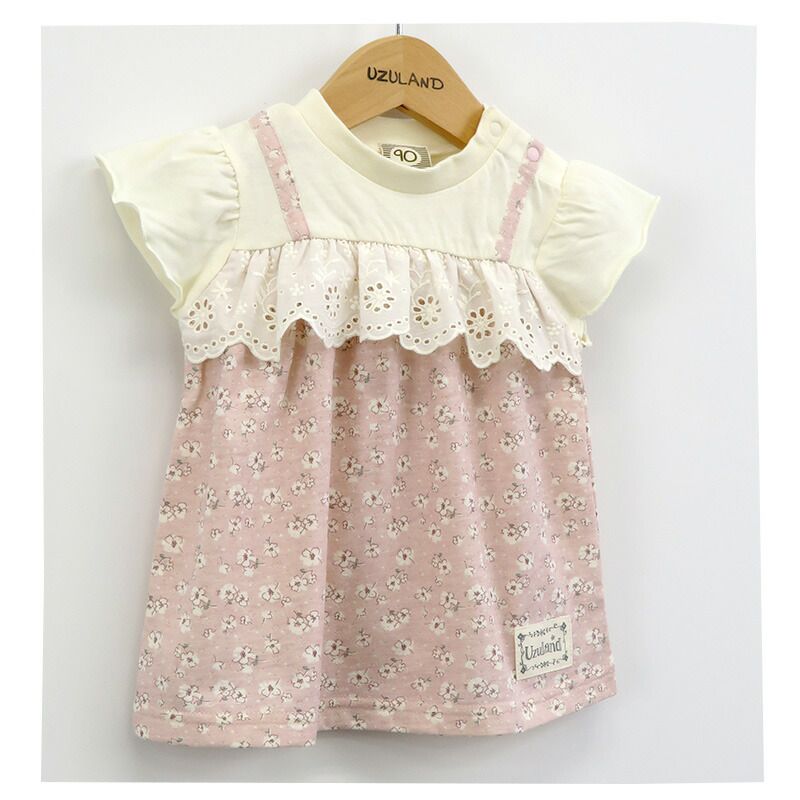 日本 ZOOLAND - 假兩件荷葉袖衣碎花短袖上衣-米x粉花