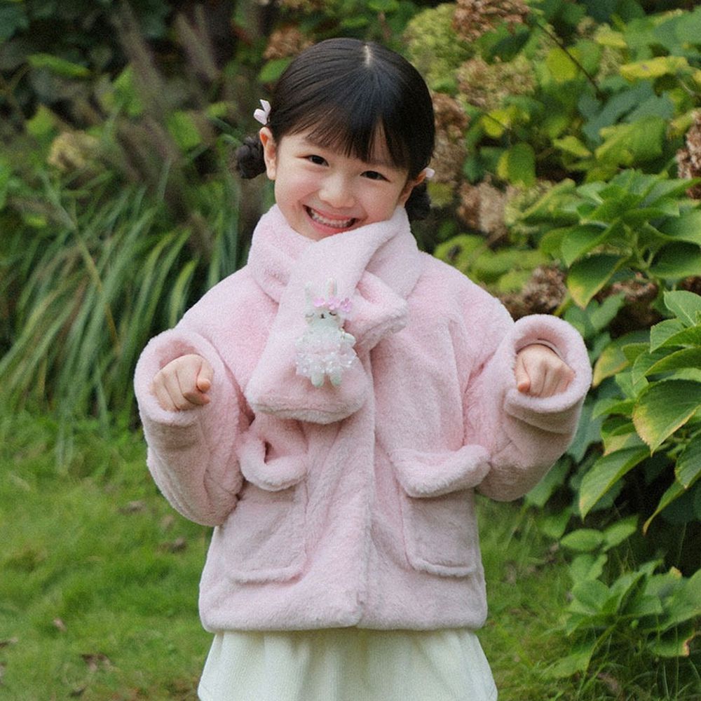 (附圍巾)溫暖絨毛無領口袋外套-粉