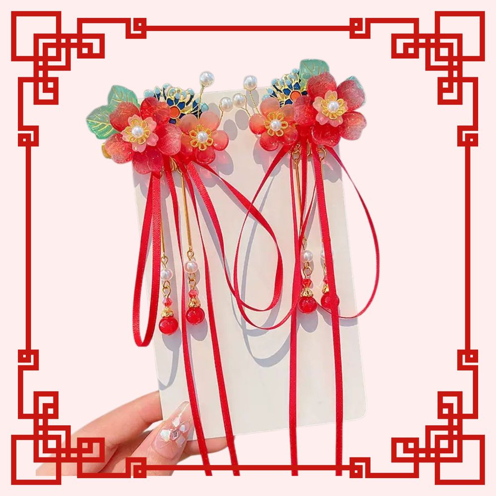 新年拜年漸層紅琉璃花緞帶飄帶吊墜髮飾對夾