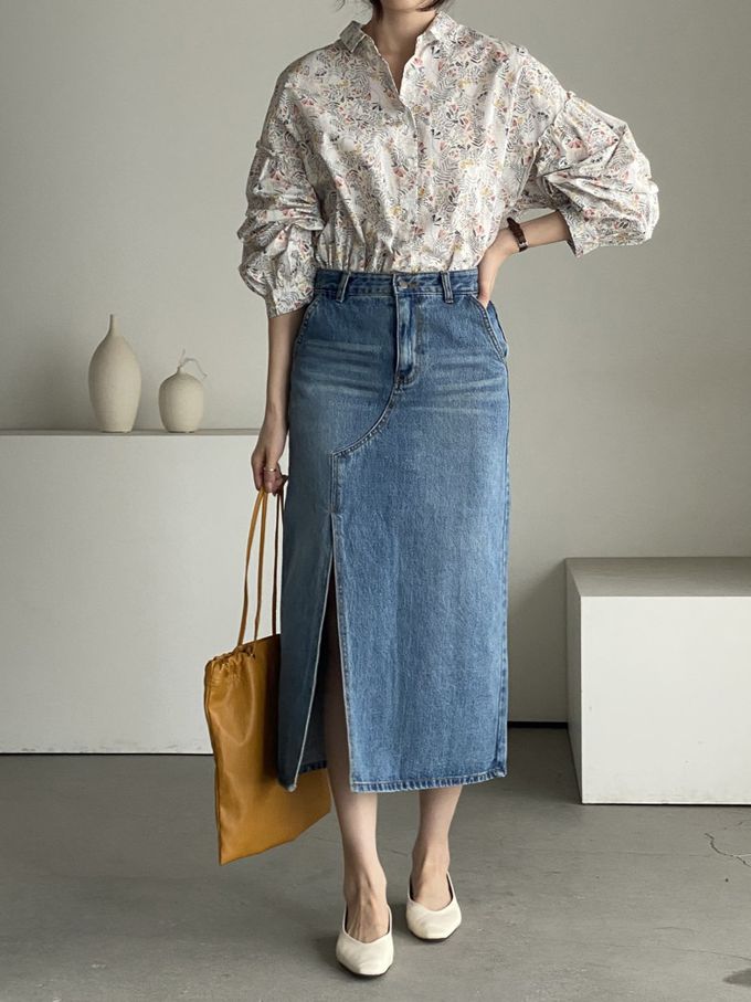 韓國女裝連線 - 花草圖樣翻領拼接長袖襯衫-象牙白 (FREE)