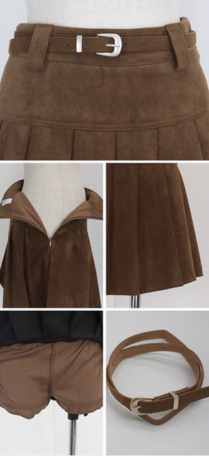 日本 BLUE EAST - 時髦麂皮百褶迷你短裙(附皮帶)-咖啡