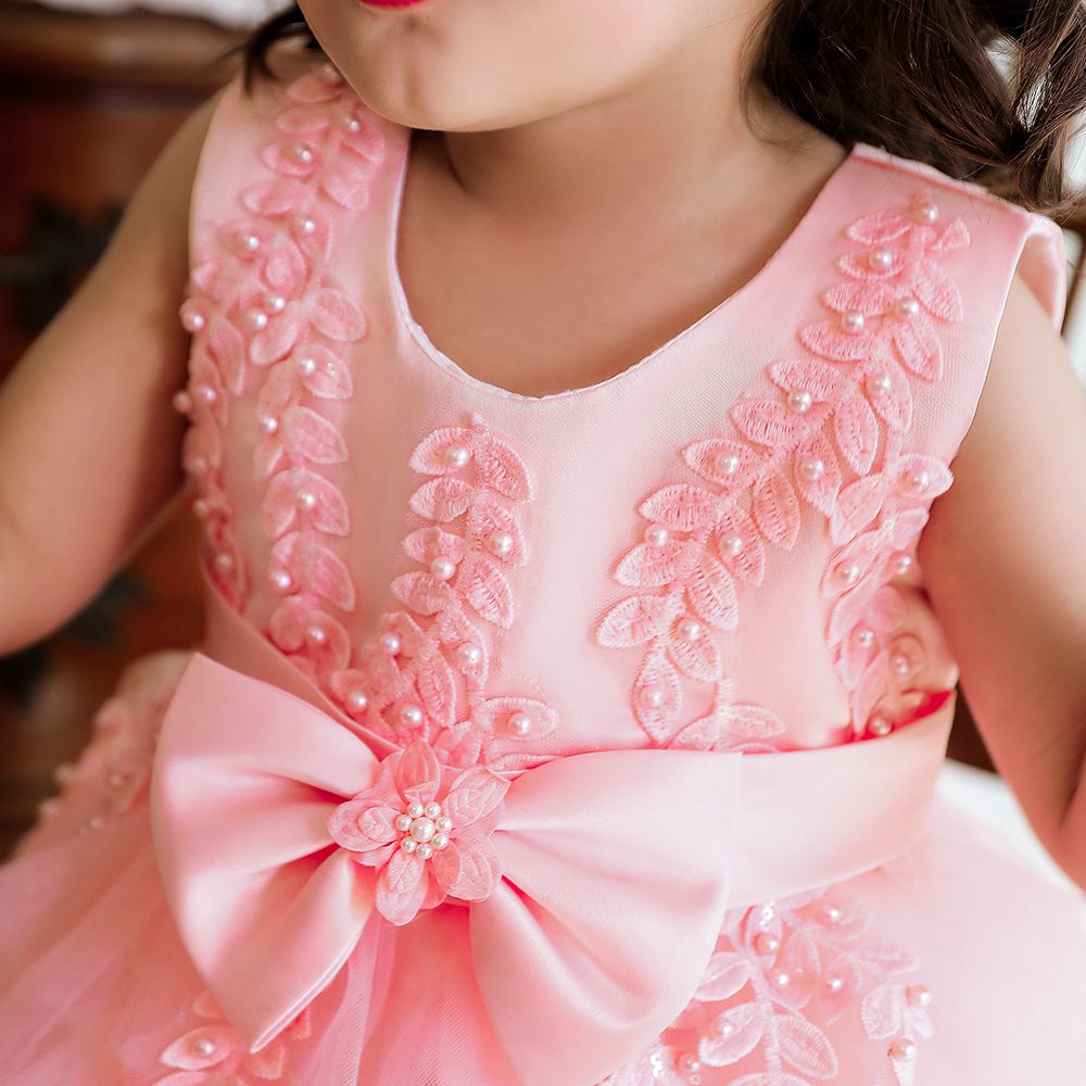 蕾絲網紗無袖蛋糕公主裙-立體蝴蝶結-粉色