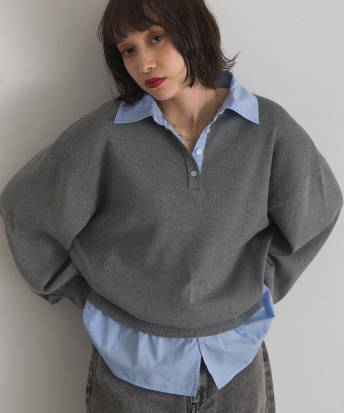 日本 ELENCARE DUE - 假二件襯衫領輕盈落肩長袖上衣-黑x白