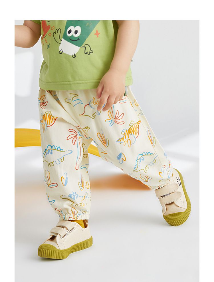 天絲棉腰鬆緊休閒防蚊褲/長褲-怒吼小恐龍-綠色