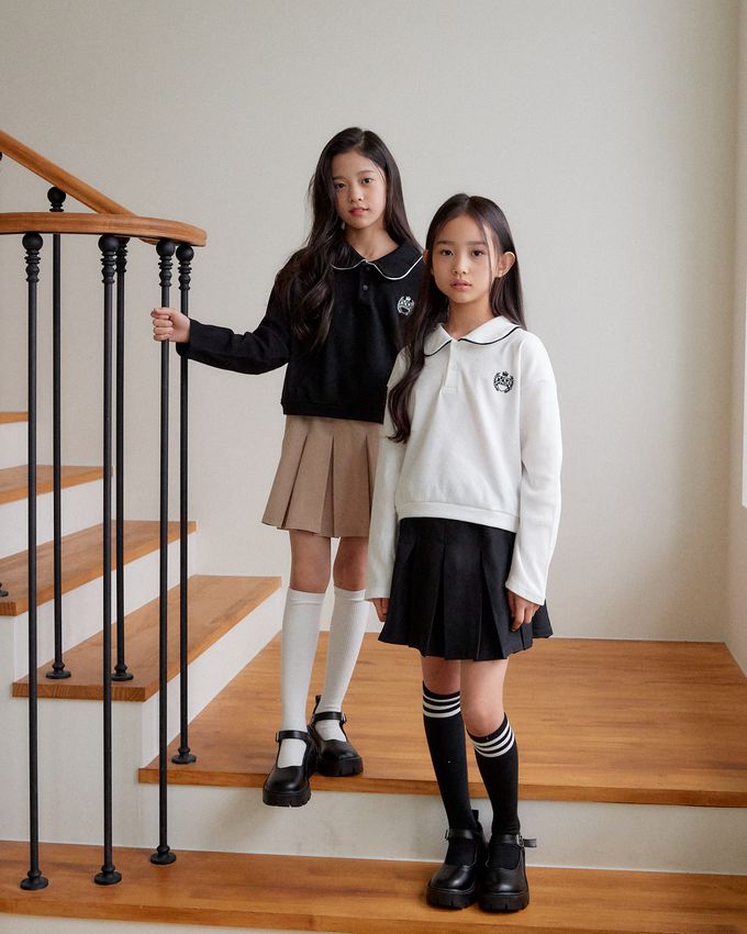 韓國 sm2 - 學院風格鬆餅紋長袖翻領上衣-黑