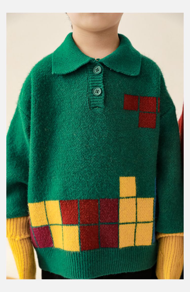 TONGMO - 復古Polo翻領針織長袖毛衣-俄羅斯方塊-黑色