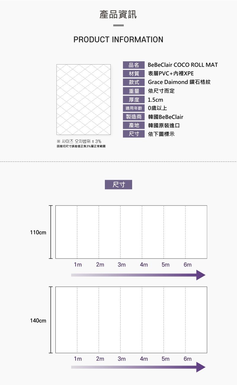 韓國 BeBe Clair - ROLL MAT-加大款-鑽石格紋-300*110*1.5cm