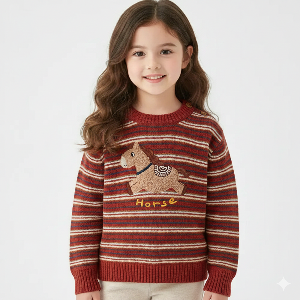 純棉圓領針織長袖上衣-快樂馬兒-紅色條紋