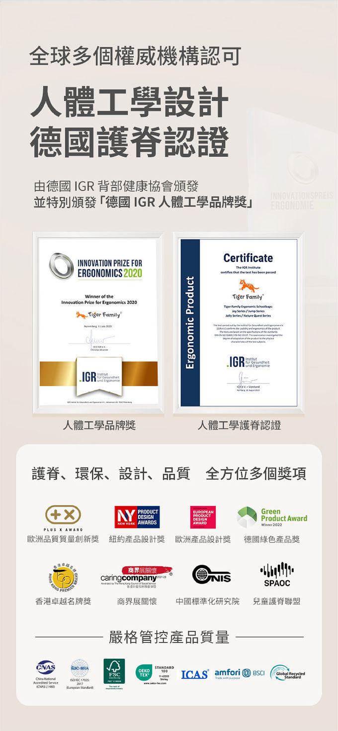 Tiger Family護脊書包的人體工學設計，獲得全球多個權威機構認可，是真的有護脊效果