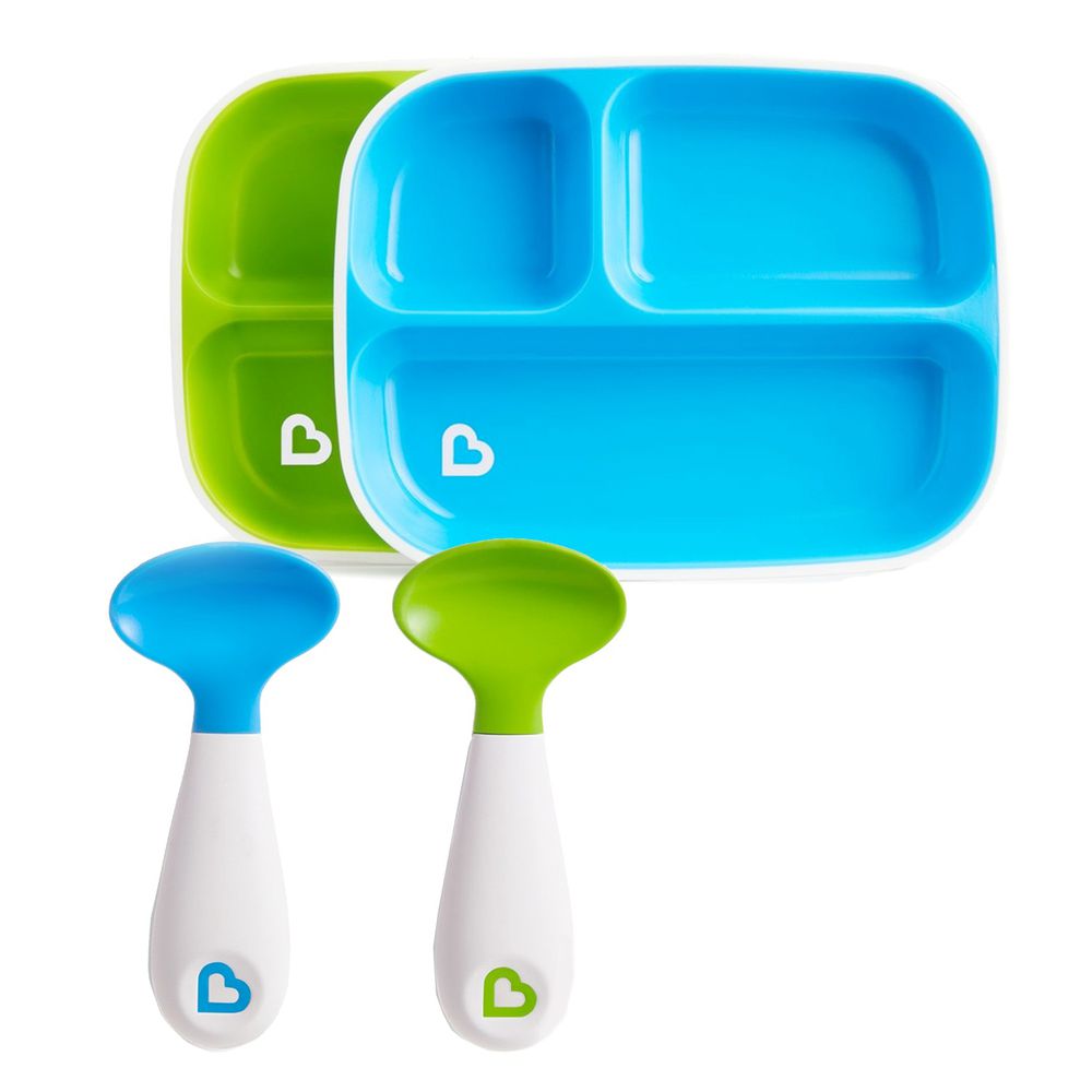 美國 munchkin - A+B超值組：防滑三格餐盤2入(綠/藍) + 送左右手幼兒學習湯匙2入(藍/綠)
