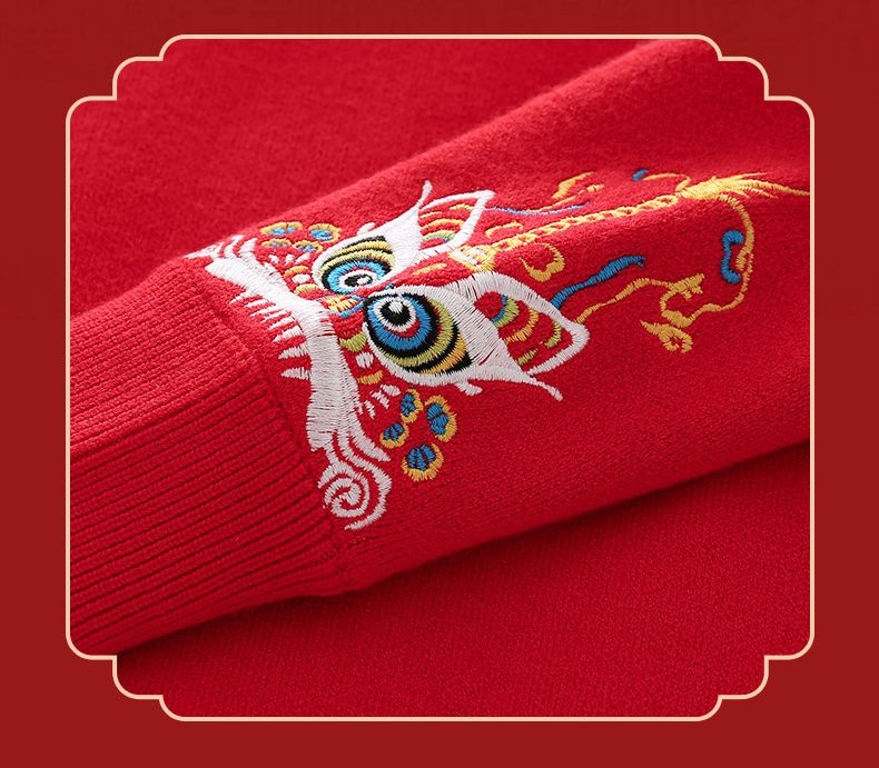 (加絨)喜氣拜年圓領長袖上衣-刺繡彩獅-紅色