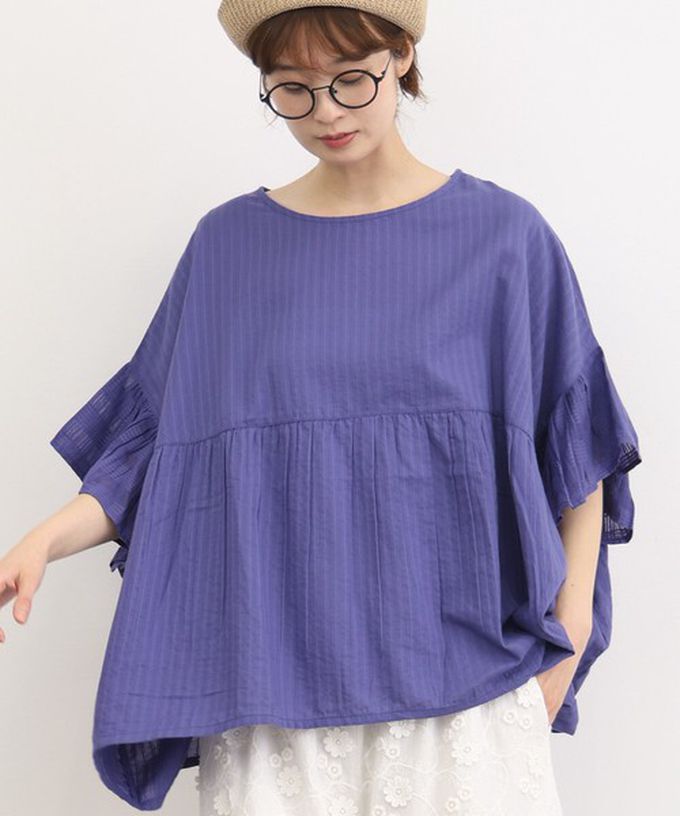 日本 Lupilien - 印度棉 緹花拼接感喇叭短袖上衣-米白