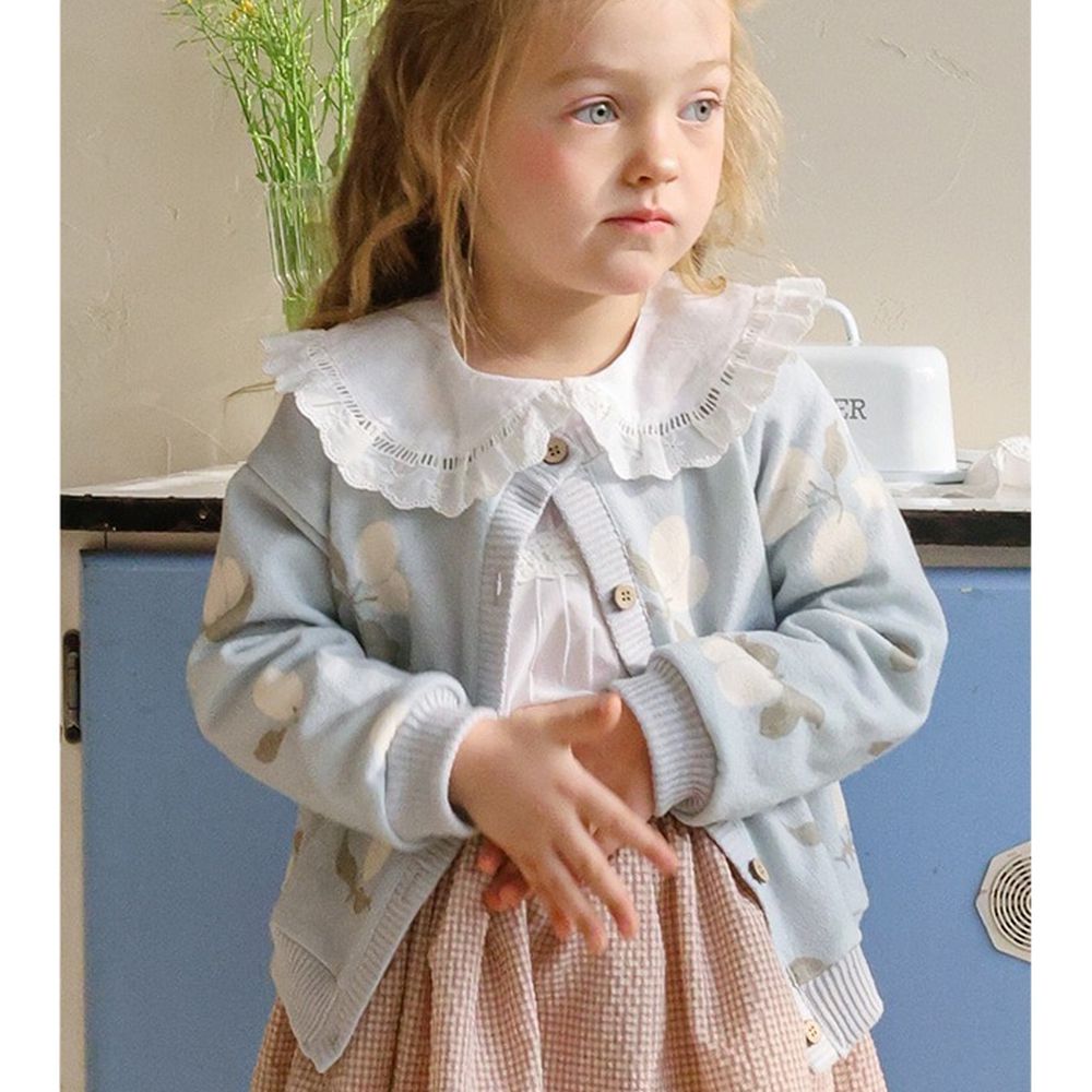 Puellaflo 滿版果實印花細膩針織無領外套-蘇打藍