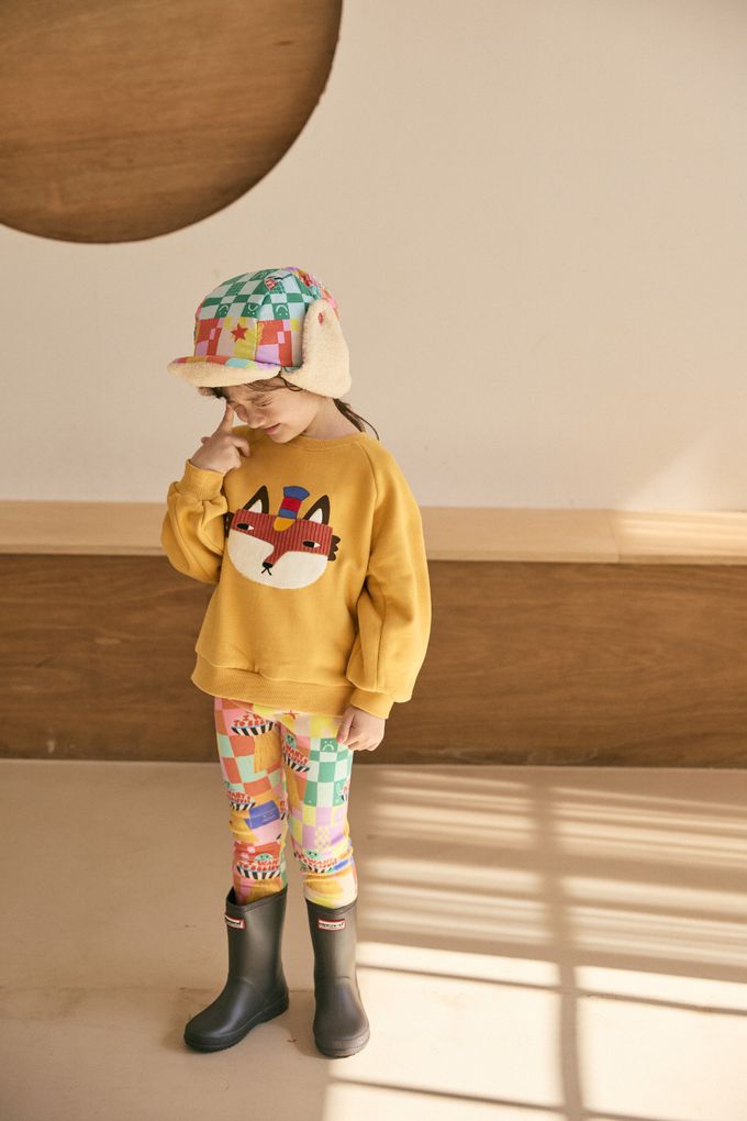 韓國 Mimico - (內磨毛)鬆緊腰彈力內搭褲-格子飛行船-橘底