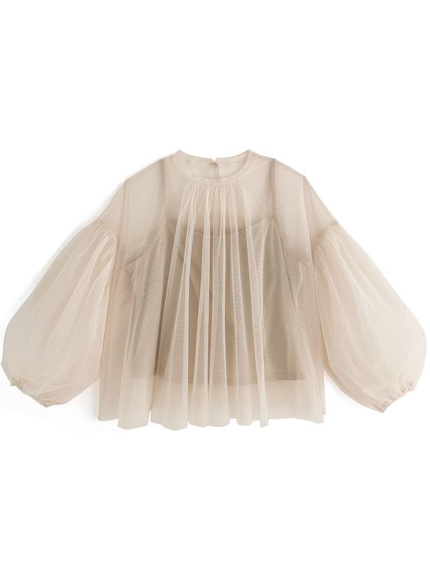 日本 GRL - 夢幻透膚落肩泡泡袖上衣(附內搭)-米杏 (F)