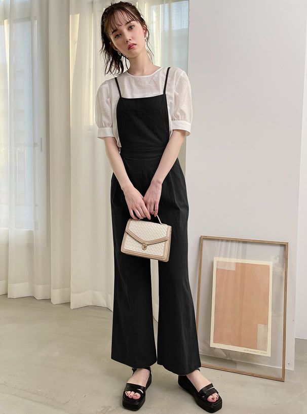 日本 GRL - 透膚短袖上衣x細繩吊帶褲2件組-白x黑