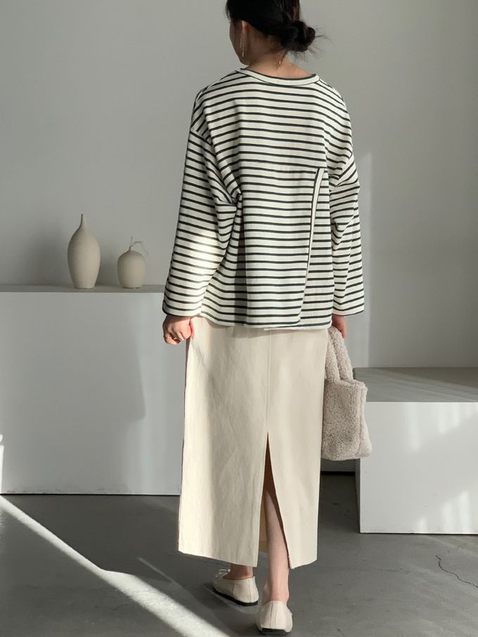 韓國女裝連線 - 不對稱後開衩條紋長袖上衣-墨綠 (FREE)