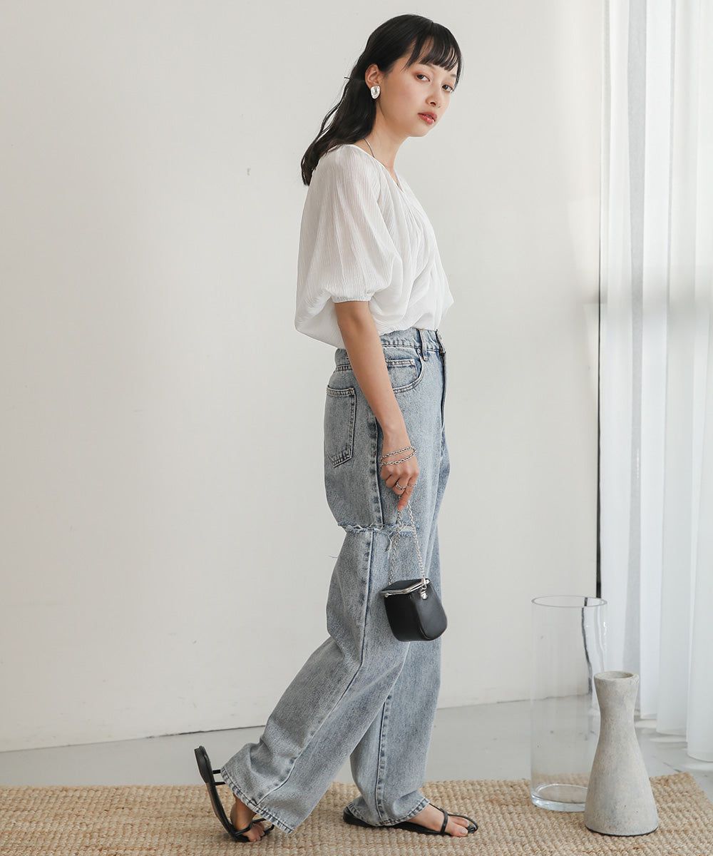 日本 Bab - 嫘縈後綁帶氣球袖上衣-咖啡